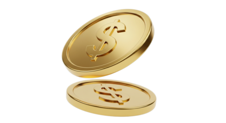 Shimmering gold coin with dollar symbol floats against a clean white background