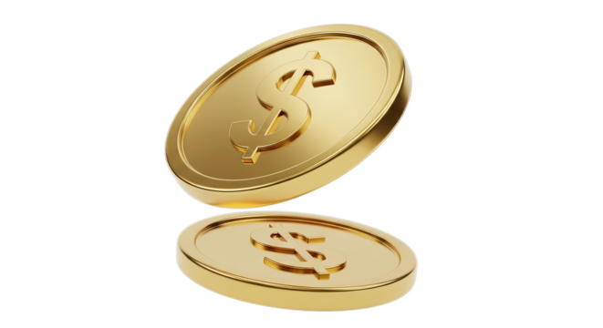 Shimmering gold coin with dollar symbol floats against a clean white background - Powered by Adobe