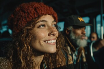 Fototapeta premium Playful candid urban commute with diverse people on city streets, natural smiles and warm bright tones in bold color blocks, documentary portrait style with authentic expressions