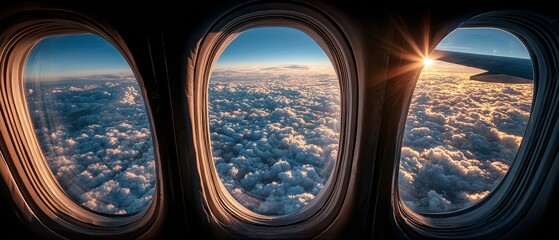 Airplane window view airplane window view airplane window view above clouds with dramatic sunset sky