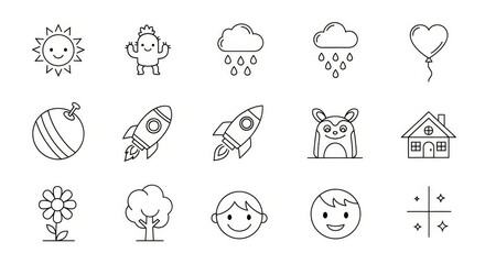 Whimsical line art icons of playful characters, weather, and imagination