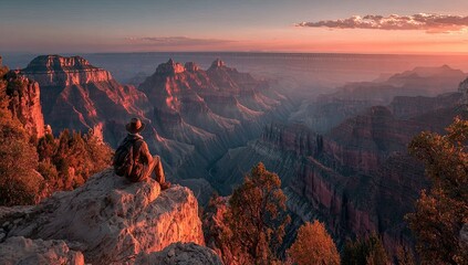 Obraz premium Grand Canyon Sunset Vista - Solo hiker atop mesa at golden hour