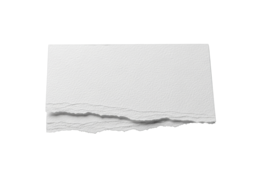 Irregular natural white cold press watercolor paper, fibrous torn edge, isolated on transparent background with soft shadows, macro shot, concept of art material textures