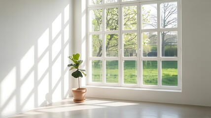 Fototapeta premium Bright Room Plant Sunlight Window Minimalist Serene Spring Green