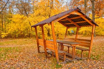 Naklejka premium Wooden Gazebo in a Forest Covered with Autumn Leaves