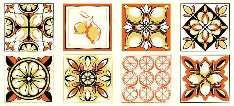 Decorative tiles inspired by Amalfi coast motifs - citrus patterns and Mediterranean florals for Italian interiors. Orange slices with lemon designs and geometric flowers for ceramic decoration.