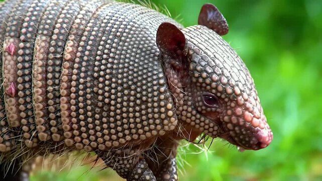 Detailed Close-up of an Armadillo's Textured Carapace and Head in its Natural Green Environment, showcasing its unique protective shell