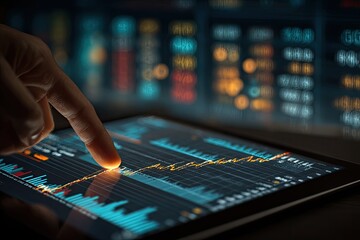 Fototapeta premium and keyword list based on the image, following your instructionsHand Points to Stock Chart on Tablet Screen for Financial Analysis, Indoor