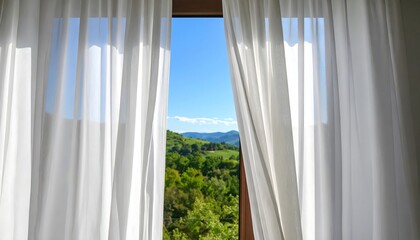 Mountain View Through Sheer Curtains.