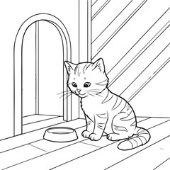Simple black and white line drawing of a tabby kitten waiting by an empty food dish in an interior setting