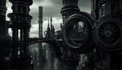 Gravity-shifting industrial dreamscape of spinning towers and recursive gears speculative machine concept in black and silver