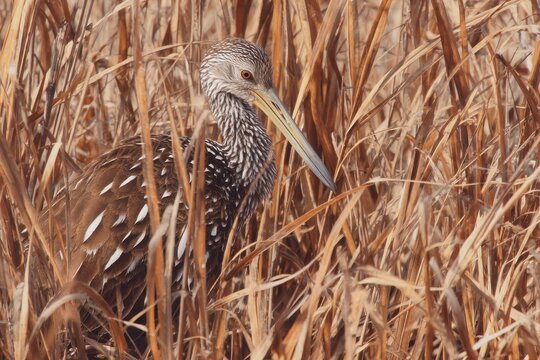 Grass Camo. Wildlife Camouflaged Limpkin Birds in Dry Field at Myakka River State Park