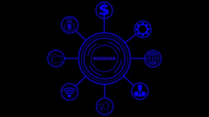 Webinar concept visualized with futuristic icons and business collaboration graphics, Business, Internet 4k abstract social network teamwork technology 4k video..