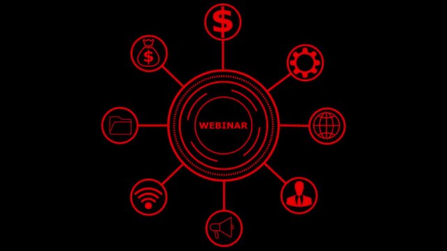 Webinar concept visualized with futuristic icons and business collaboration graphics, Business, Internet 4k abstract social network teamwork technology 4k video..