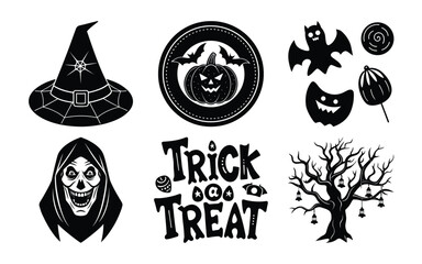Halloween Vector Icons Set with Witch Hat Pumpkin Bat and More