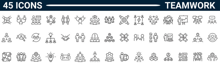Teamwork line icon set. Includes Partnership, synergy, interaction, management, collaboration, and meeting. Editable stroke. Vector illustration