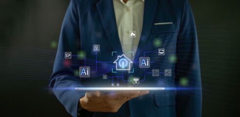 Businessman holding tablet with smart home AI interface, showing connected devices, automation icons, and modern technology for intelligent living