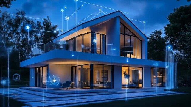 Modern Smart Home Exterior at Night with Blue Lighting