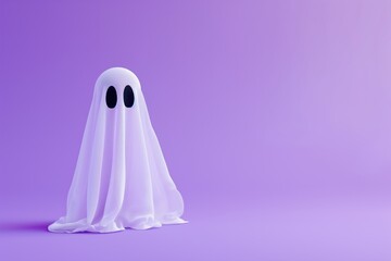 Minimal cute ghost character with white sheet and black oval eyes on purple background, spooky halloween decoration concept simple design template