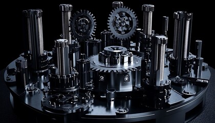 Gravity-shifting industrial dreamscape of spinning towers and recursive gears speculative machine concept in black and silver