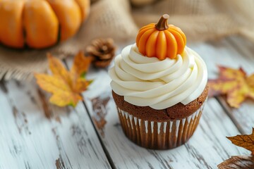 Close-up of pumpkin spice cupcake topped with creamy white frosting and fondant pumpkin, autumn and Halloween dessert decoration.