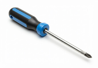 A Phillips head screwdriver with a black and blue handle lies diagonally on a white background.