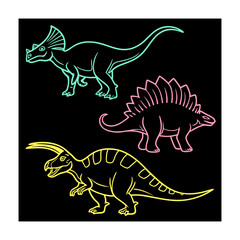 Three colorful dinosaur outlines on black background turquoise pink yellow prehistoric