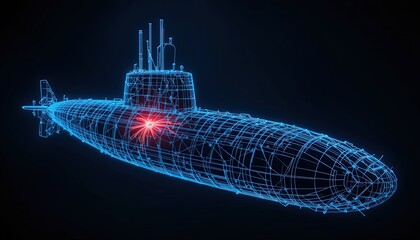A detailed wireframe model of a submarine, highlighting internal structure and a central explosion effect.