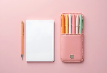 Minimalist Stationery Set with Notebook, Pen, and Pastel Highlighters on Soft Pink Background for Creative Workspaces