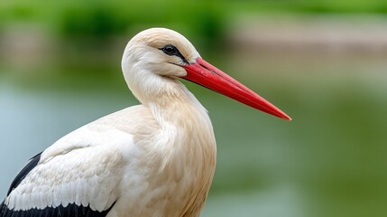 Fototapeta premium A close-up shot of a stork highlighting its striking red beak and elegant features against a soft-focus green background, Ideal for nature articles, wildlife education, or eco-friendly campaigns,