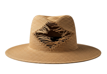 Light brown straw hat with a large, irregular, torn hole and frayed edges, meticulously woven, against a seamless transparent background with soft studio light, concept of damage and imperfection