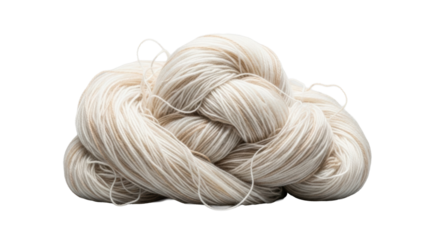 Unraveled creamy white, pale ivory, and soft beige yarn, tangled into a fluffy pile with fine threads, isolated on a transparent background with soft bokeh. Concept of textural serenity