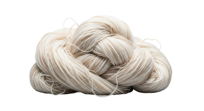 Unraveled creamy white, pale ivory, and soft beige yarn, tangled into a fluffy pile with fine threads, isolated on a transparent background with soft bokeh. Concept of textural serenity