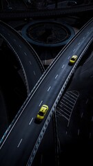 Aerial View of Highway Interchange in Chongqing China with Yellow Cars on Curved Roads