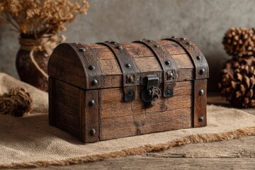 Rustic Wooden Treasure Chest with Metal Accents and Natural Decor in Dull Background Setting for Vintage Styling