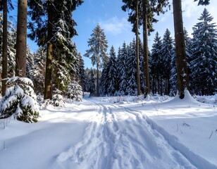 Fototapeta premium Snowy forest path in sunlight
