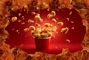 a creative concept for hot and fresh fry kfc  chicken. Chicken fry nugget s and legs inside a  frame made out of chicken fry pieces.