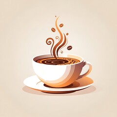 Steaming cup of coffee with swirling aroma and beans