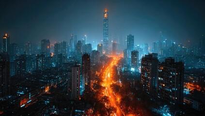 Fototapeta premium Night cityscape aerial view of illuminated city streets and skyscrapers