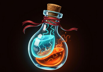A stylized illustration of a glass bottle containing a glowing blue ice cube and orange liquid, sealed with a cork and red ribbon.