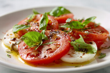 Close-up of a classic Caprese salad made with sliced tomatoes, mozzarella, fresh basil, olive oil, and spices