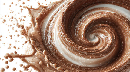 Dynamic spiral of chocolate and milk liquid mixing mid-air, with droplets and bubbles creating a rich, energetic texture