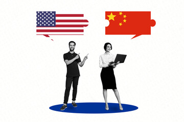 Composite sketch design artwork 3D photo collage of young man lady stand hold laptop speech cloud puzzle usa china piece match diplomacy