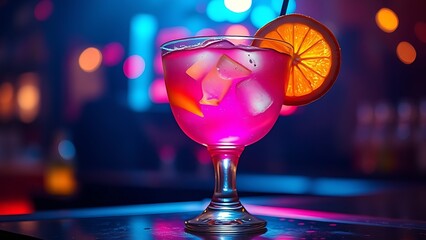 A vibrant cocktail glass with colorful liquid, dramatic backlighting creating a lively nightlife feel.