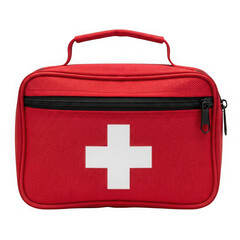 Red first aid kit with white cross symbol, medical emergency supplies in a portable bag, essential for health and safety isolated on transparent background