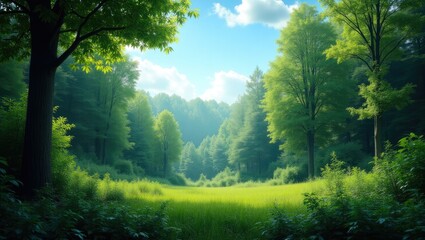 Fototapeta premium Lush green forest scene with sunlight filtering through the trees.