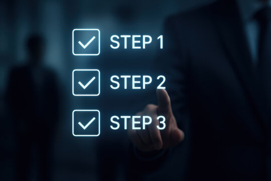 Checklist step 1 2 3 with hand pointing on virtual screen in business concept