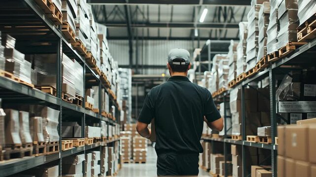 Warehouse worker carrying cardboard box walking between shelves stacked with packages large industrial storage facility checking inventory with
