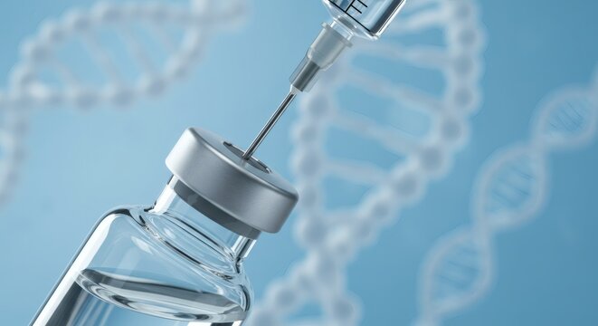 Vaccine Syringe Needle In Vial on DNA Backdrop  Medical Breakthrough.