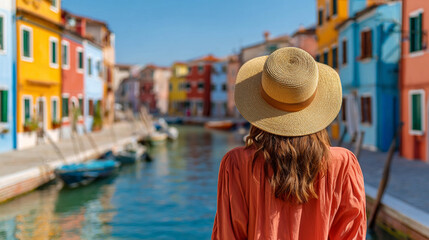 Woman in a hat enjoys the view of the colorful houses of Burano island, Italy